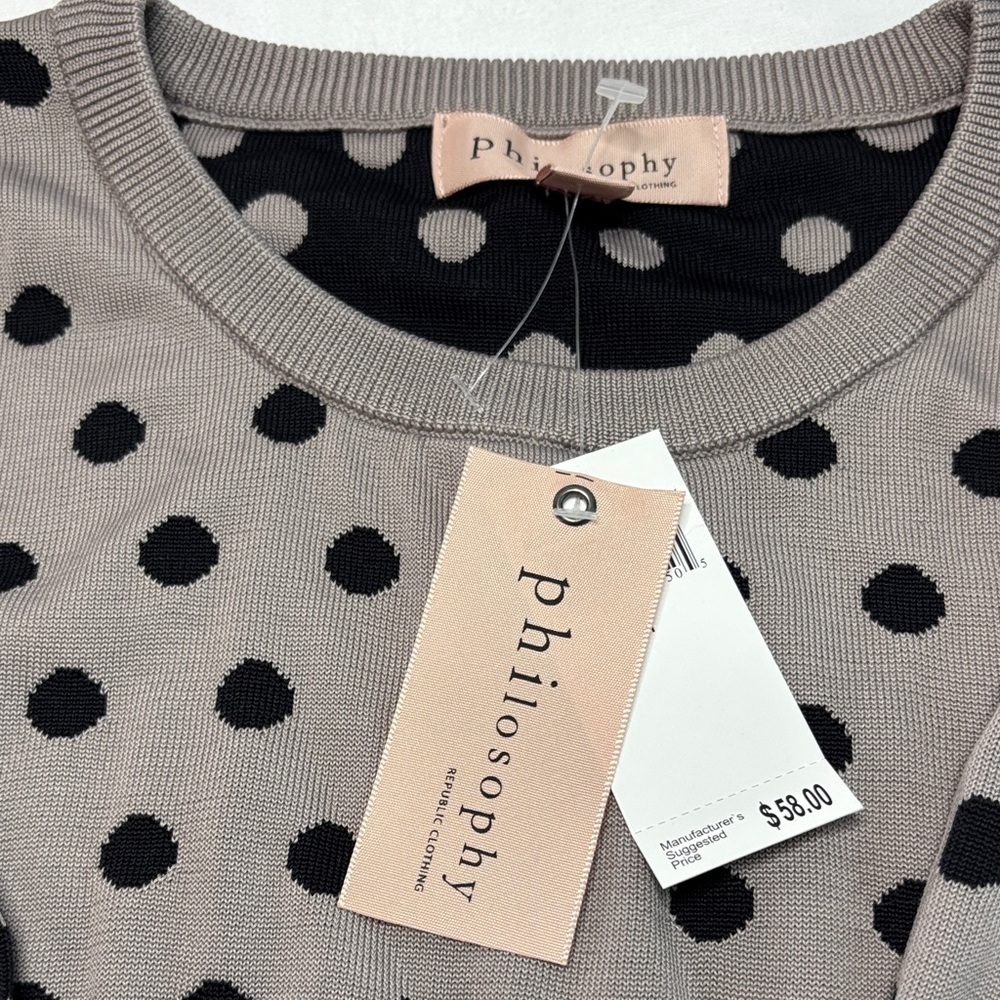 Philosophy Grey Crewneck Sweater with Black Polka Dots and Puff Sleeves - Picture 3 of 6